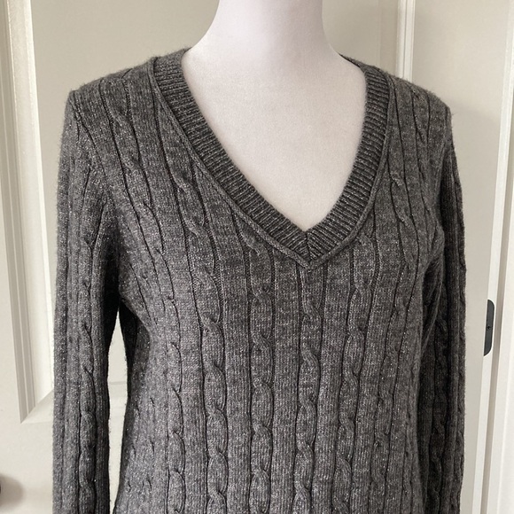 LOFT Medium sweater gray c-neck metallic threads cable - Picture 2 of 11